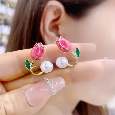Pink Tulip Flower Pearl Earrings